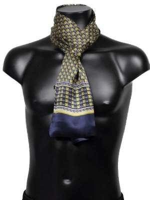 Foulard en soie pour homme imprimés anneaux dorés sur fond bleu