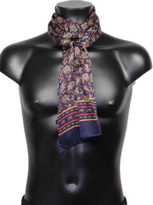 Foulard en soie pour homme imprimés type cachemire bordeaux sur fond bleu